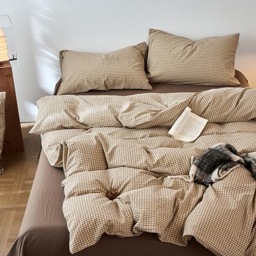 HighBuy Soft Tan & Beige Gingham Duvet Cover Twin Washed Cotton