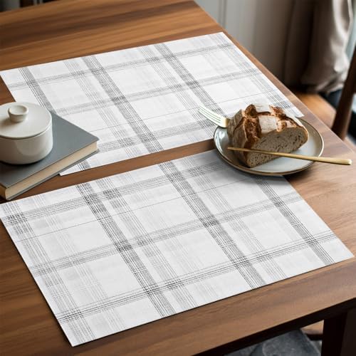 Cloud Gray Placemats Set of 8, Pale Silver Grid Checkered Farmhouse
