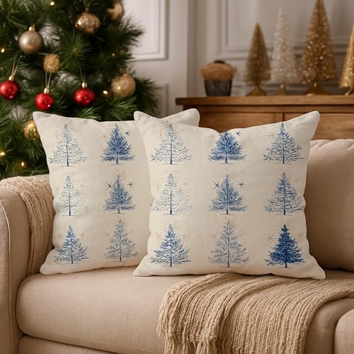 Tree Throw Pillow Covers Set of 2, Winter Rustic Star Line Christmas