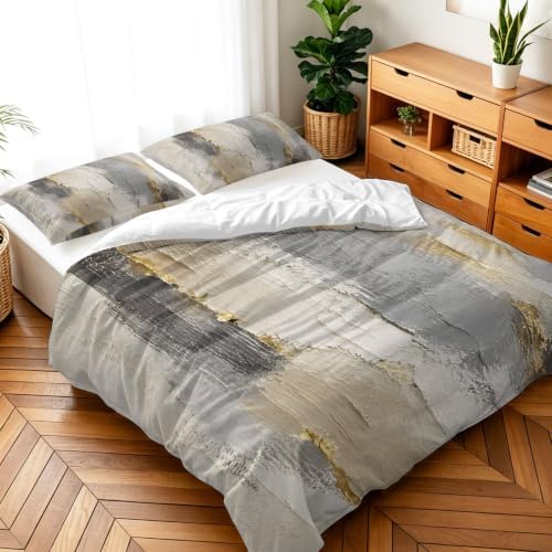 Textured Plaster Queen Duvet Cover Set, Minimalist Abstract Gray Beige