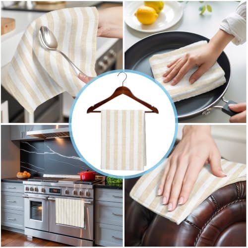 Beige Striped Kitchen Towels Set of 3, Ultra Absorbent Dish Towels