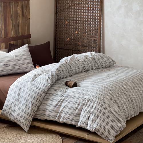 Striped Duvet Cover Set King Size 3PCS 100% Washed Cotton Minimalist