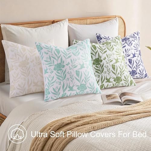 decorUhome Aqua Linen Print Floral Throw Pillow Covers 20x20 Set of 2