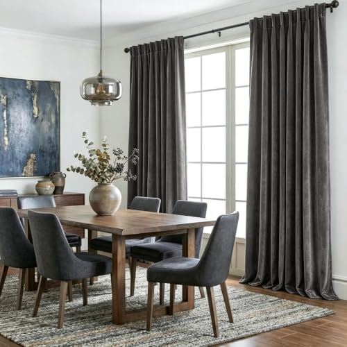 Dark Grey Velvet Blackout Curtains 120 inch Length 2 Panels for Living