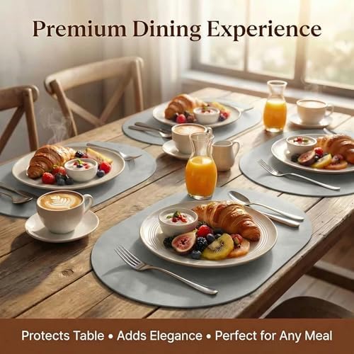 Oval Faux Leather Placemat & Coaster Set with Innovative Cork-Look