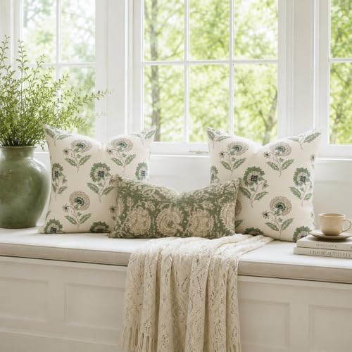 Vintage Throw Pillow Covers 18x18 Set of 2, Cotton Floral Pillow Cover