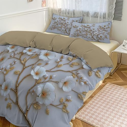 Duvet Cover Set King, 3D Minimalist Flowers and Branches Brushed