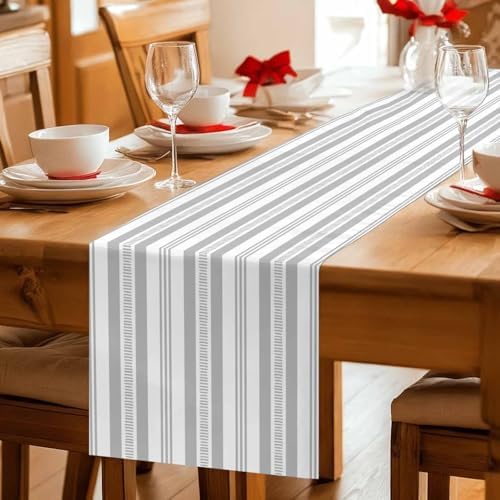 Grey Striped 120 Inch Table Runner, Modern Farmhouse Geometric Thine