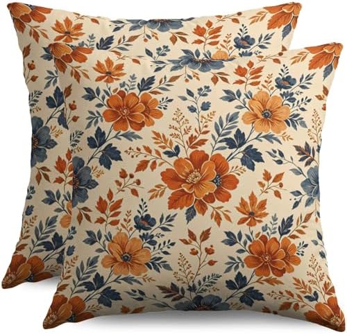 Orange Blue Fall Floral Pillow Covers 20X20 Set of 2, Autumn Colored