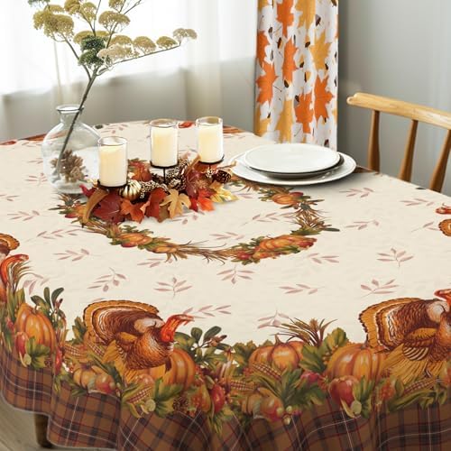 Thanksgiving Turkey Tablecloth Vintage Fall Pumpkin Table Cloth for
