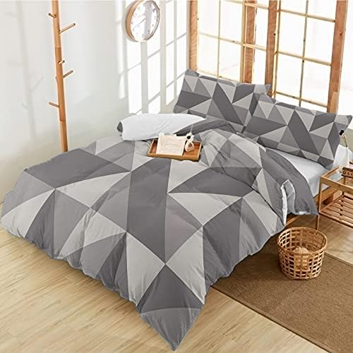 Duvet Cover Set Queen, Geometric Grey Art Triangle 3 Piece Bedding Set