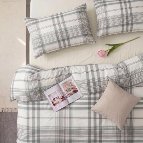 Merryword 100% Cotton Gray Plaid Duvet Cover Set, 100% Washed Cotton
