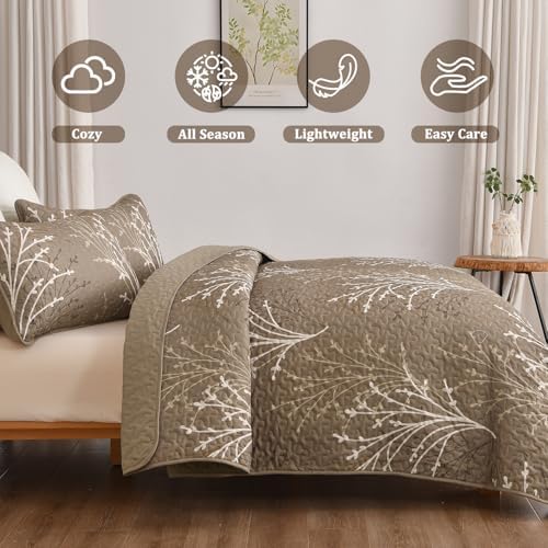 DJY Brown Quilt Set King Size Branch Botanical Bedspread Coverlet Set