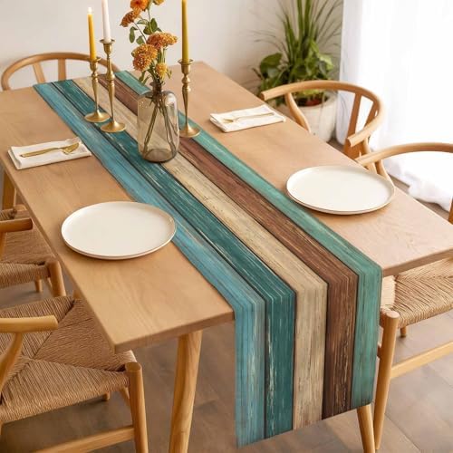 Cotton Linen Table Runner Dresser Scarves Retro Rustic Barn Wood&Teal