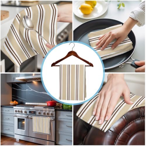 Beige Striped Kitchen Towels Set of 3, Water Absorbent Dish Towel