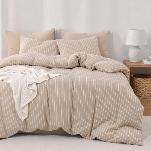 Wake In Cloud Striped Cotton Duvet Cover Set, Tan, Queen