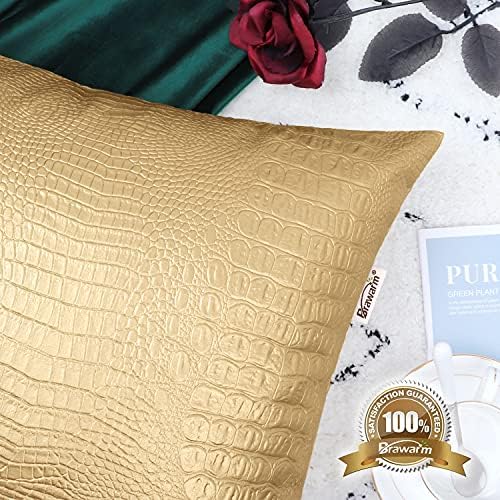 BRAWARM Gold Faux Leather Pillow Covers 20x20, Embossed Crocodile
