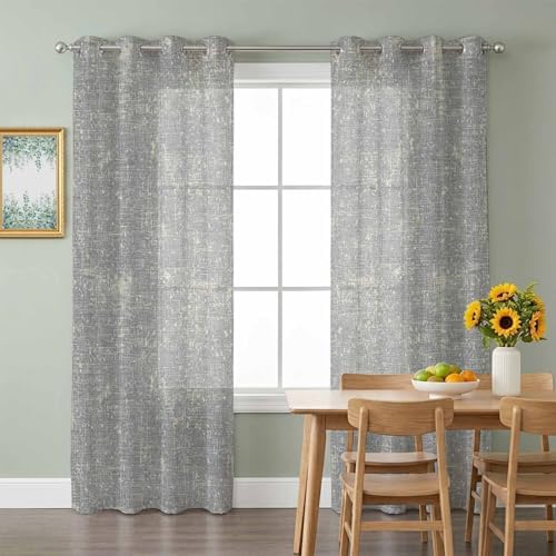 Gray Beige Linen Textured Sheer Curtains 63 Inch Long 2 Panels