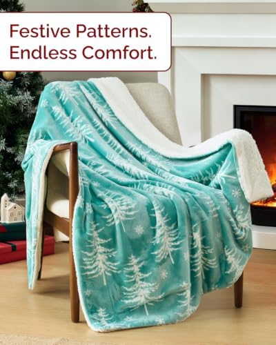 CGK Christmas Sherpa Blanket Twin Size, Reversible - Snowy Trees
