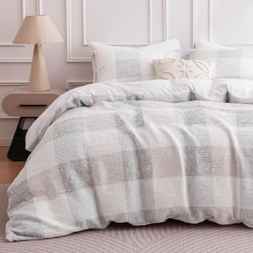 SLEEP ZONE Duvet Cover Set Queen, Modern Grid Jacquard Bedding Set