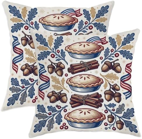 Pie Throw Pillow Covers Set of 2, Thanksgiving Rustic Acorn Cinnamon