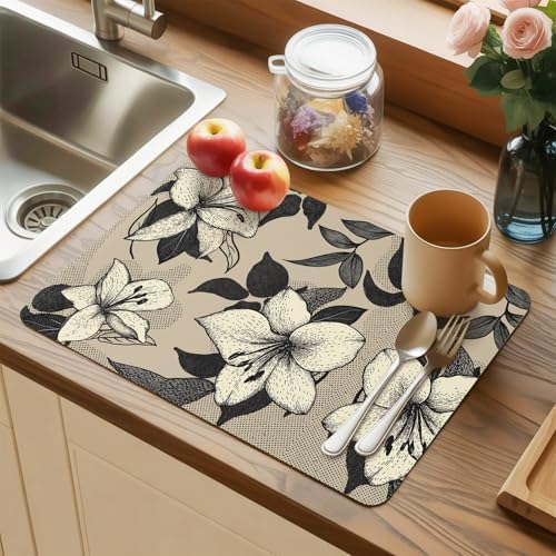 Placemats Set of 6 Vintage Beige Flower Black Leaf Heat-Proof