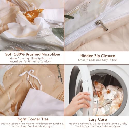 LONAVA Queen Flower 3 Pcs Duvet Cover Set, Breathable Soft Microfiber