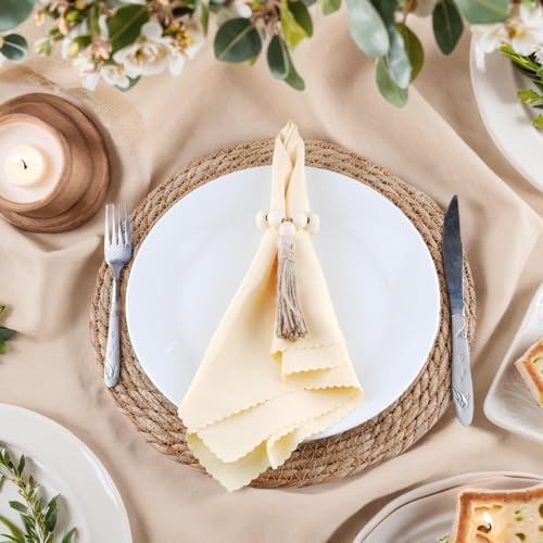 Boho Woven Placemats Set of 6 with Wooden Napkin Rings, 13" Natural