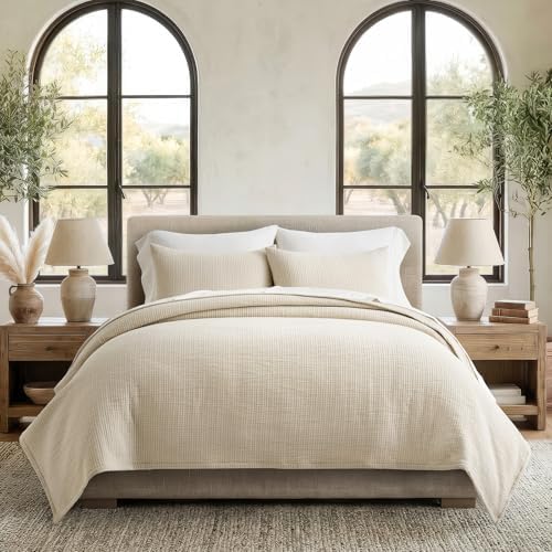EverGrace Cotton Gauze Matelassé Coverlet Set, King Size, Soft Oat