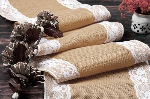 MDS 10 PCS 100% Natural Burlap Table Runners 12" x 108" with Lace