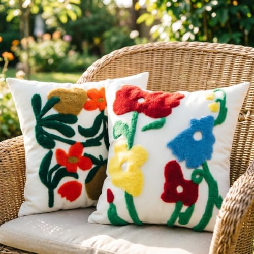 Boho Art Red Spring Floral Embroidered Throw Pillow Cover 18"x18" Set