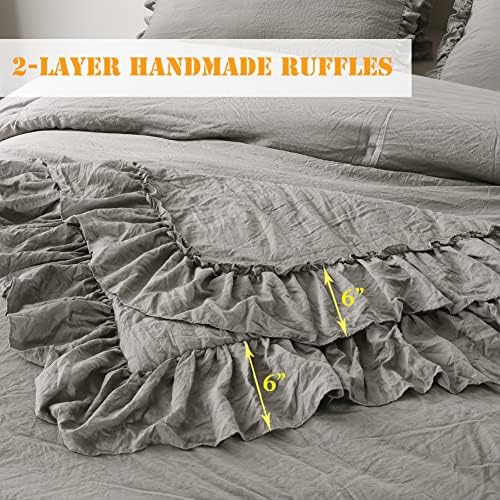 Masaca Gray Ruffled Comforter Set King,Farmhouse Shabby Boho Chic