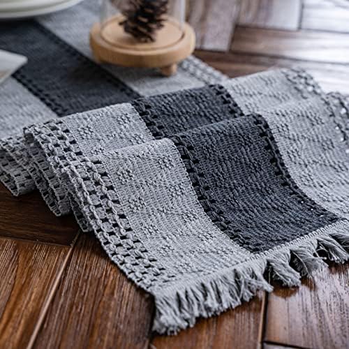 Hsvanyr Grey Farmhouse Long Macrame Tablecloth Runner Cotton Linen