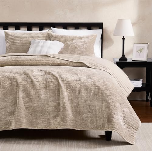 WDCOZY Velvet King Size Quilt Set - Beige Striped Pick Stitch Soft