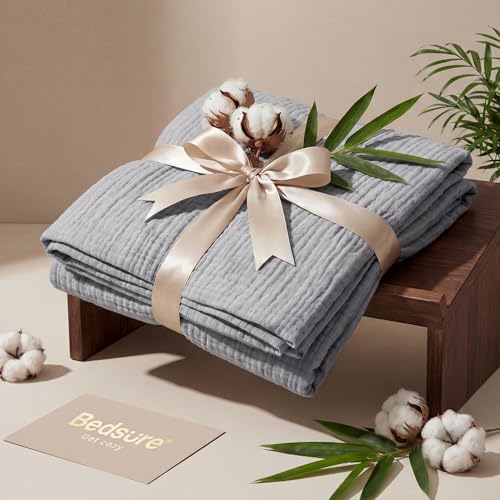 Bedsure Cooling Muslin Blanket King Size for Adults, Grey, 104"x90"