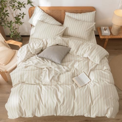 BESTOUCH Striped Cotton Duvet Cover Set Linen Feel Queen
