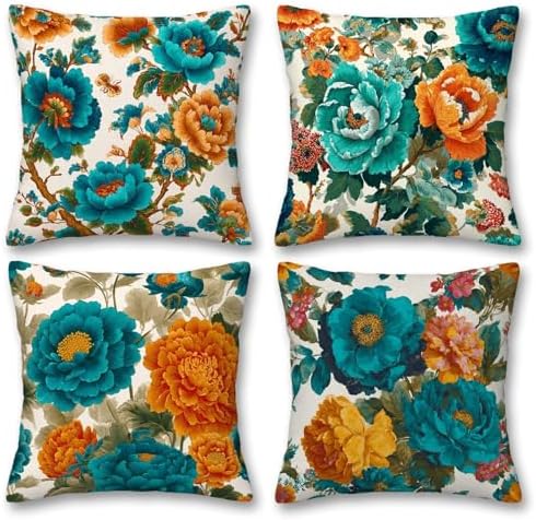 Teal Orange Floral Throw Pillow Covers 18x18 Set of 4, Turquoise