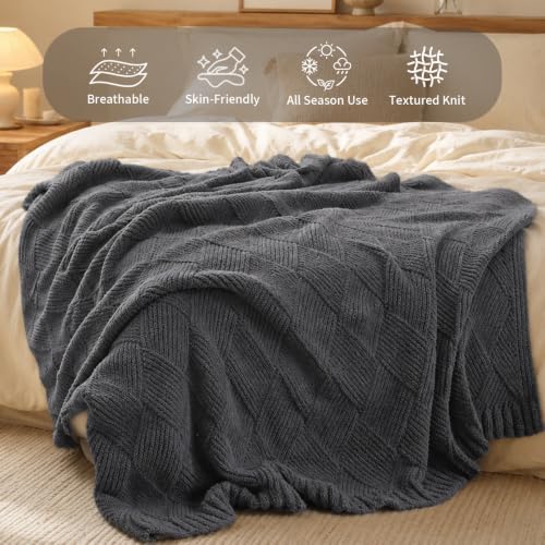 Knit Throw Blanket 50x60, Soft Diamond Texture, Slate Gray