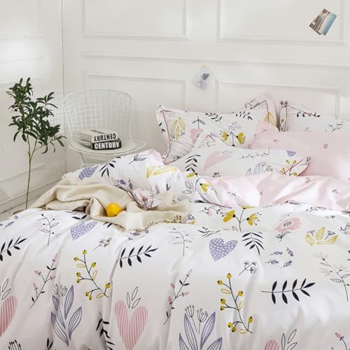 Pink Floral Duvet Cover Set Queen Girls Aesthetic Bedding Set 100%