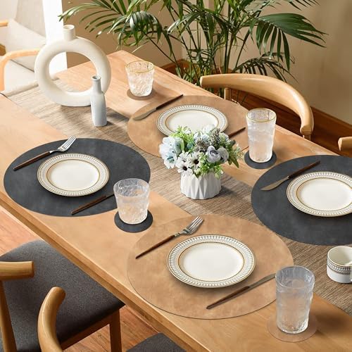 Round Placemats and Coasters Set of 6, Washable Reversible Faux