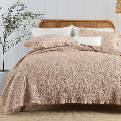 HORIMOTE HOME Pinkish Grey Ruffled Quilt Queen Size, Stone-Washed