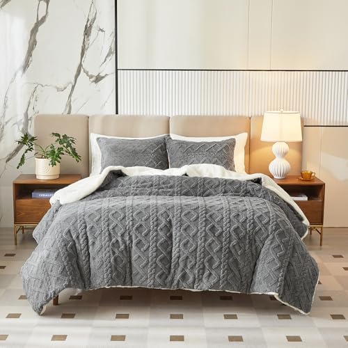 Joyreap 3-Piece Fluffy Faux Fur Sherpa Comforter Set Gray, Queen Size