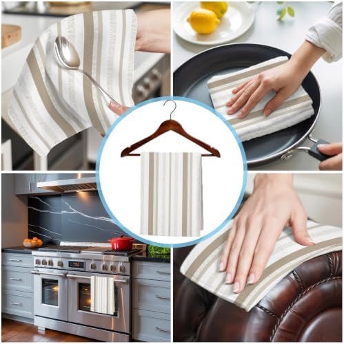 Brown Beige Stripe Kitchen Towels Set of 3, Modern Minimalist