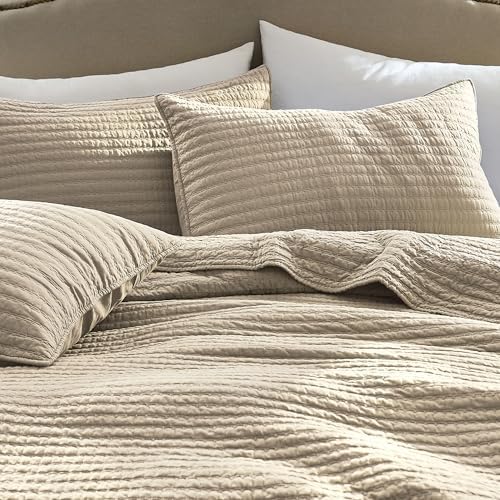 WDCOZY 100% Cotton California King Size Quilt Set, Pick Stitch, Beige