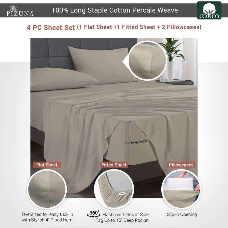 Pizuna Cotton Queen Sheets Set Percale, Simply Taupe