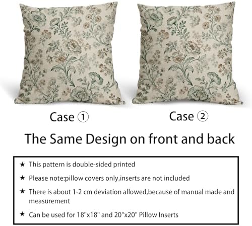 Sage Green Brown Vintage Floral Pillow Covers 22x22 Inch Set of 2