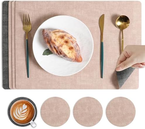 Place Mats Set of 6, Light Gray Leather Table Mats, Washable