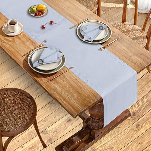 Ruvanti Cotton Linen Table Runner 72"x14" Classic Hemstitched - Arctic