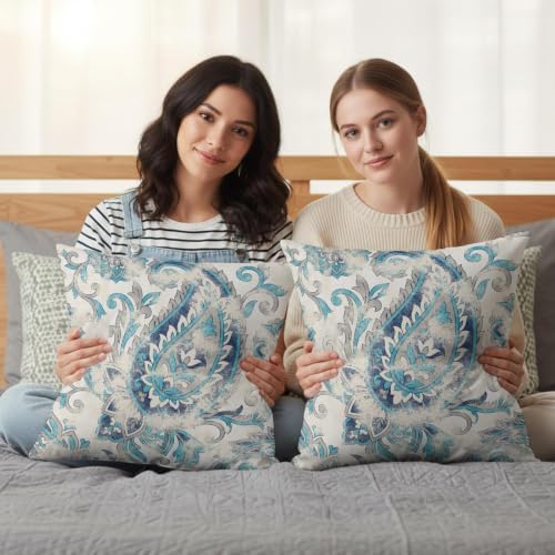 Vintage Paisley Throw Pillow Covers, Boho Teal Blue Ethnic Curving