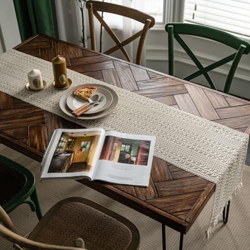 Boho Table Runner Macrame 108 Inches Long, Cotton Linen Dining Table